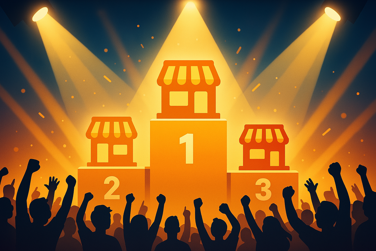 A euphoric crowd erupts as the top-ranked store takes the podium—spotlights blaze, excitement surges, and victory fills the air.