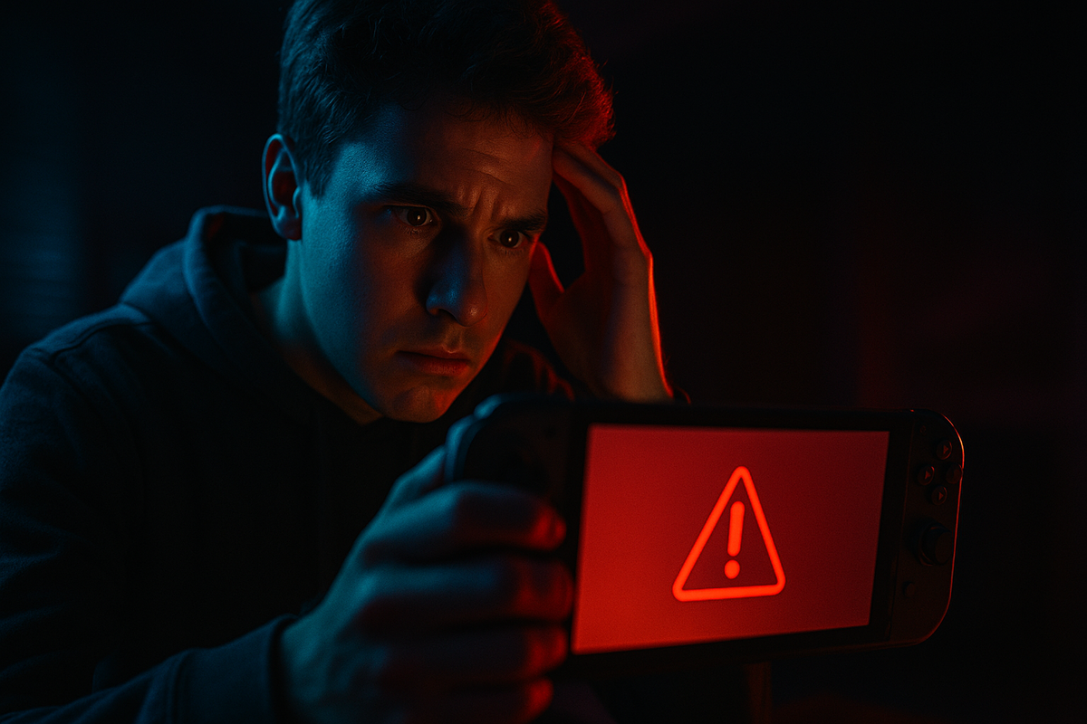 Dramatic shot of an anxious gamer staring at a Switch-style handheld flashing a bold red warning icon, capturing fear of a console ban.