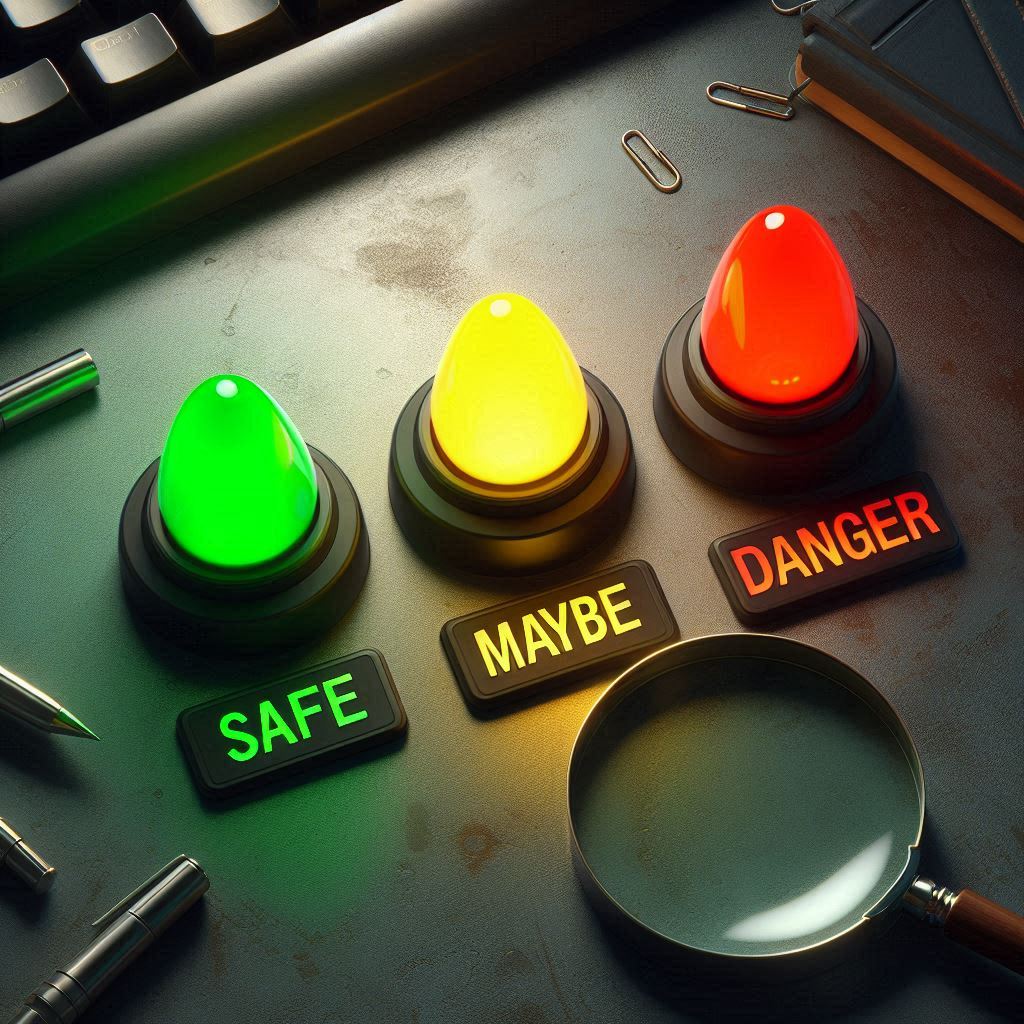 Three glowing buttons—green for safety, yellow for uncertainty, red for danger—illuminating a tense decision-making moment on a dimly lit desk.