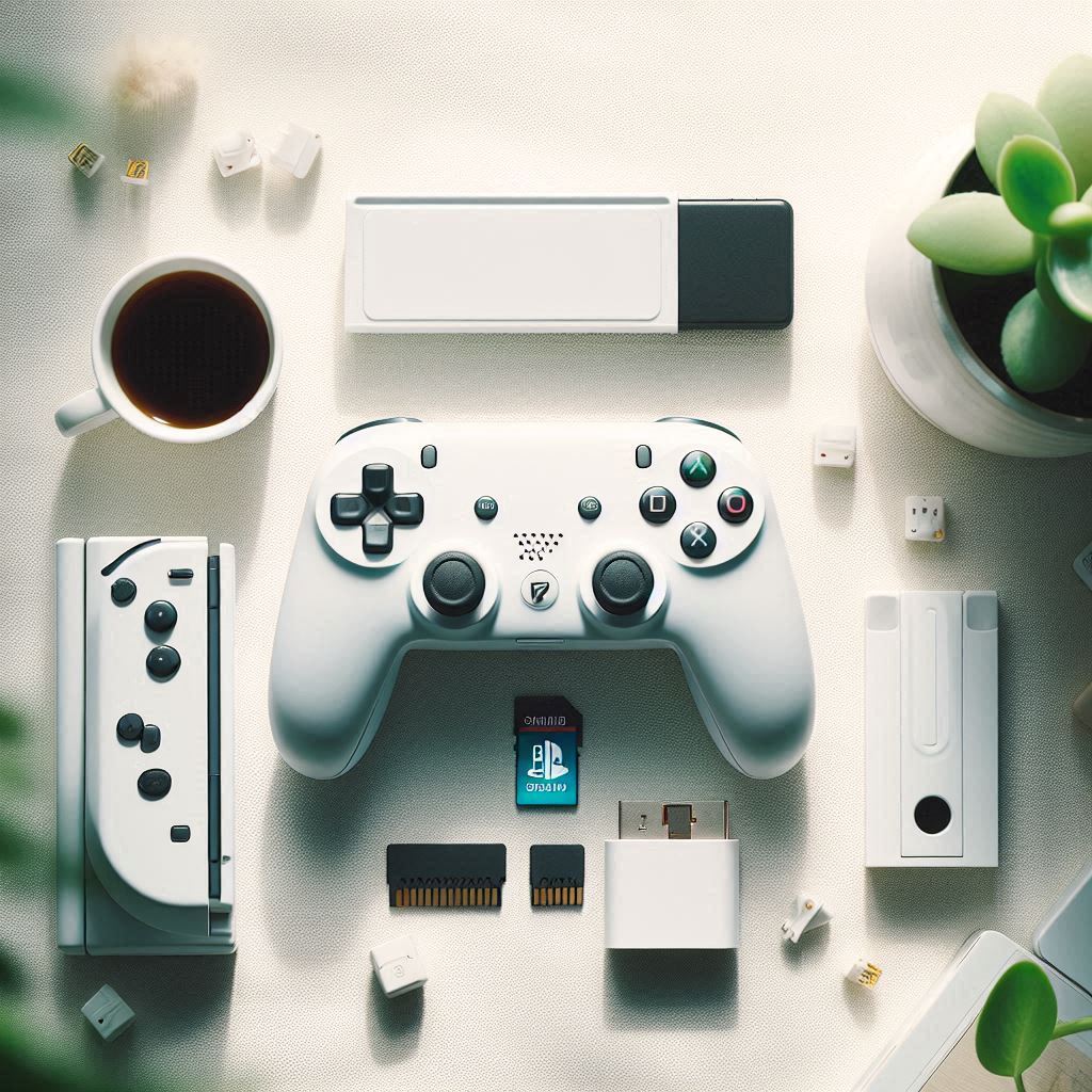 Cozy flatlay of white game controllers and memory cards on a soft cream background, surrounded by warm sunlight, green plants, and a fresh coffee cup — evoking trust, calm, and a sense of safe gaming.