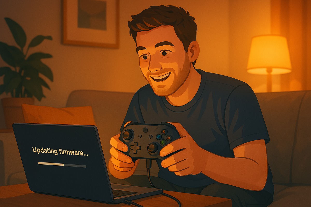Happy gamer updating third-party controller firmware on a laptop in a warm, cozy room — evoking a sense of trust, confidence, and peaceful playtime.