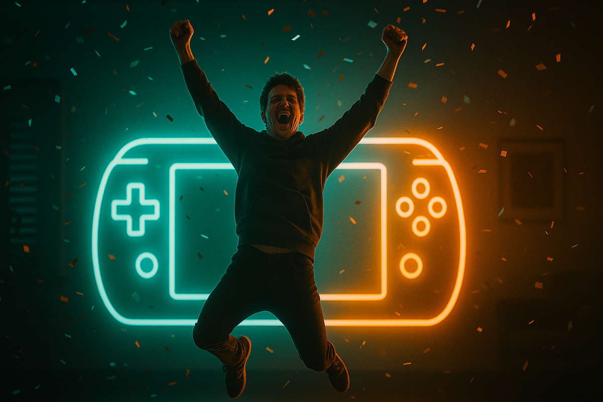 Ecstatic gamer leaps sky-high, fists clenched in triumphant victory as neon console lights blaze and confetti rains in an adrenaline-charged celebration.