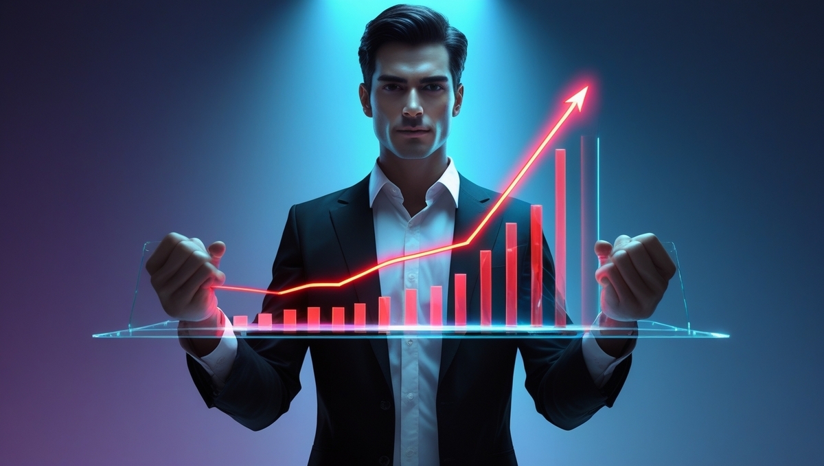 A confident professional standing tall with a glowing upward trend graph, symbolizing unstoppable growth, bold ambition, and the thrill of breaking limits.
