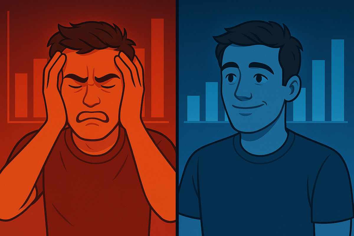 Before and after emotions of intense frustration and joyful relief — a visual transformation of anxiety into calm clarity.