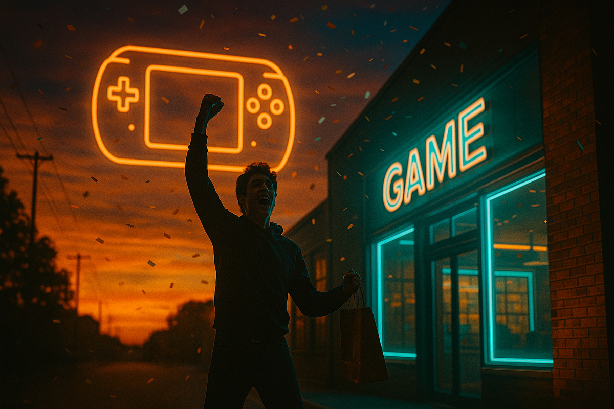 Triumphant shopper punches the air at sunset as a neon handheld console blazes overhead—confetti rains in euphoric celebration of a hard-won Switch 2 store victory.