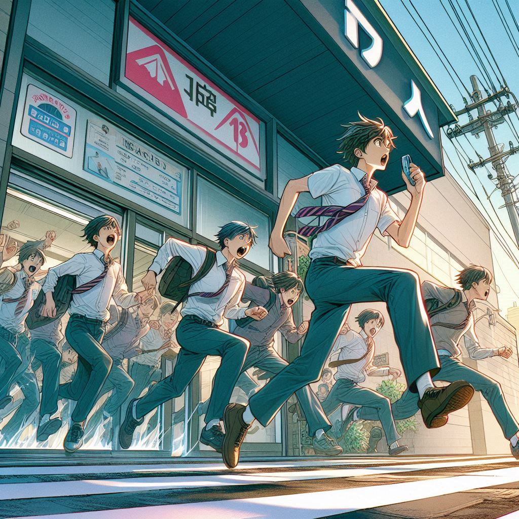 Adrenaline-charged teens burst out of a game shop, racing with wild excitement toward a rare Switch 2 chance—pure urgency and electric hope fill the scene