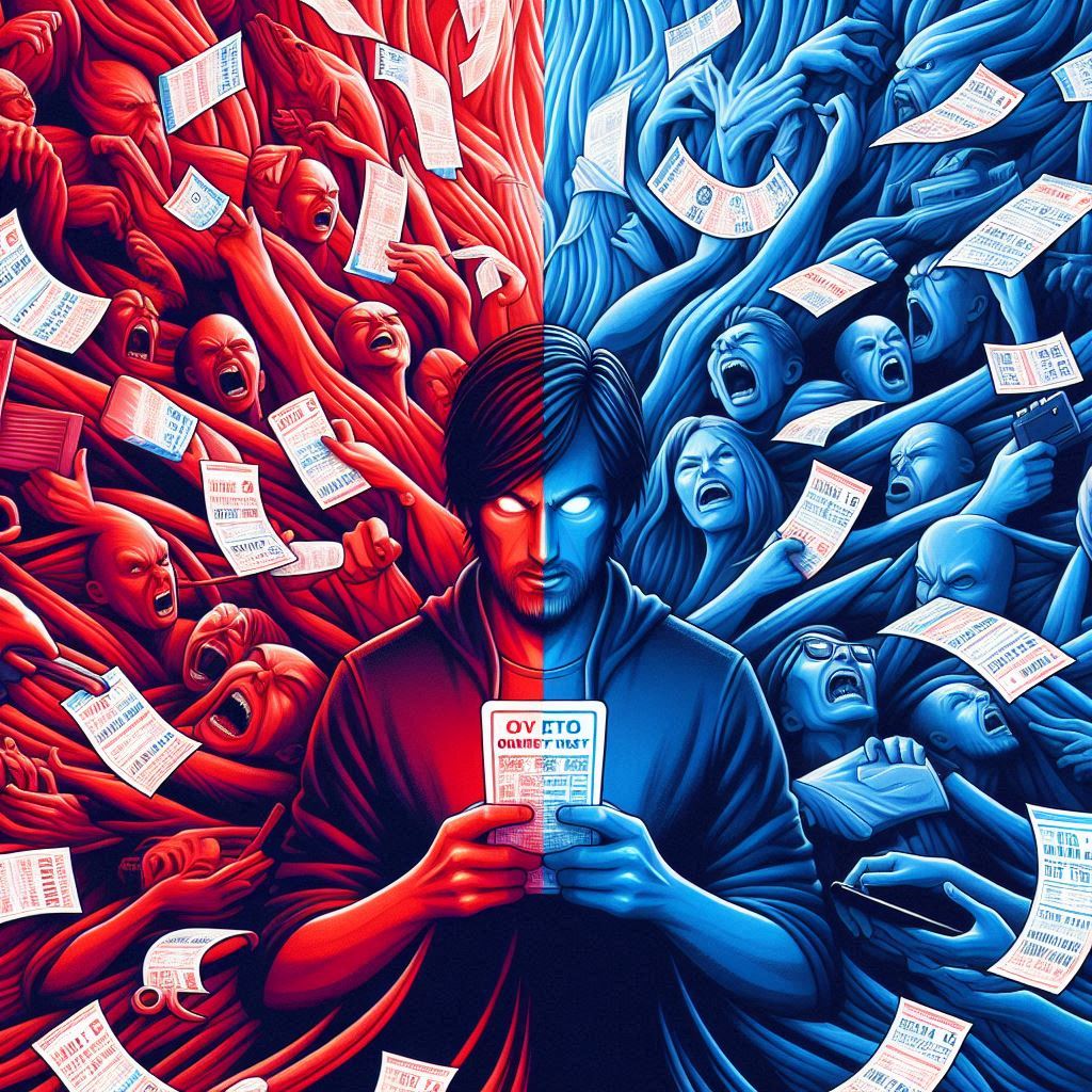 A man stands frozen between chaos and calm, surrounded by a screaming crowd in red and blue. He clutches a ticket, eyes glowing with resolve and fear — a single choice separating triumph from ruin. An intense emotional clash of hope, anxiety, and destiny.