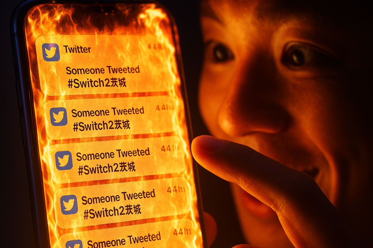 A man staring intensely at a smartphone engulfed in virtual flames, overwhelmed by a flood of Twitter notifications about #Switch2 — capturing viral hype, digital obsession, and the thrill of online buzz.