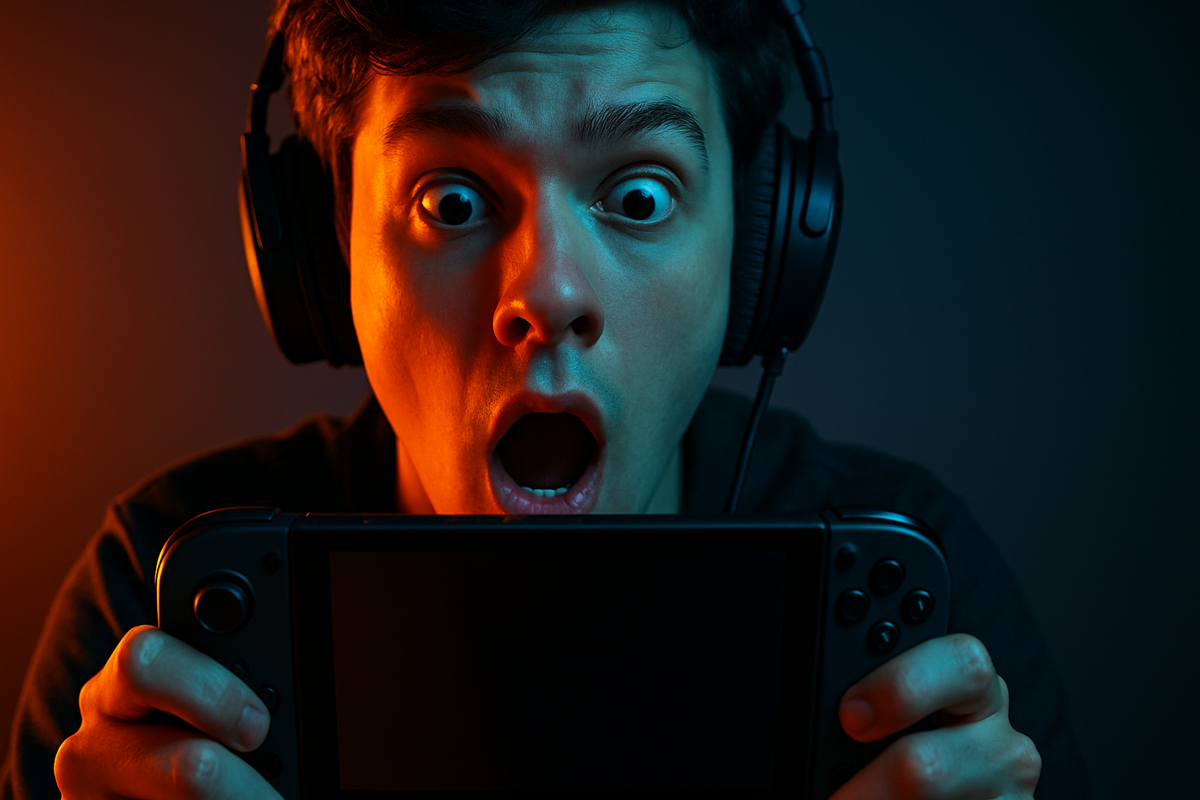 Jaw-dropping shock—ecstatic gamer in neon glow clutching next-gen handheld just found in stock, pure hype and excitement frozen in time.