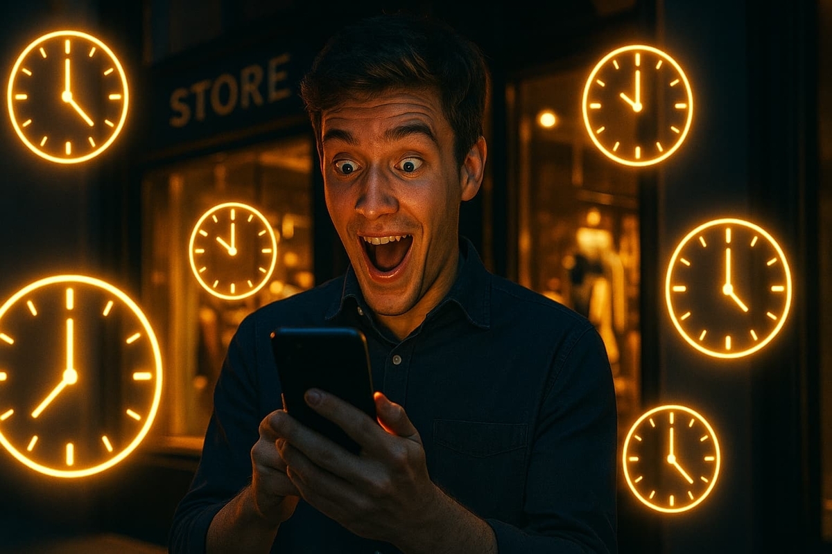 Mind-blown thrill—gamer lights up as stock alert hits just in time, glowing clocks surround the magic moment of discovery