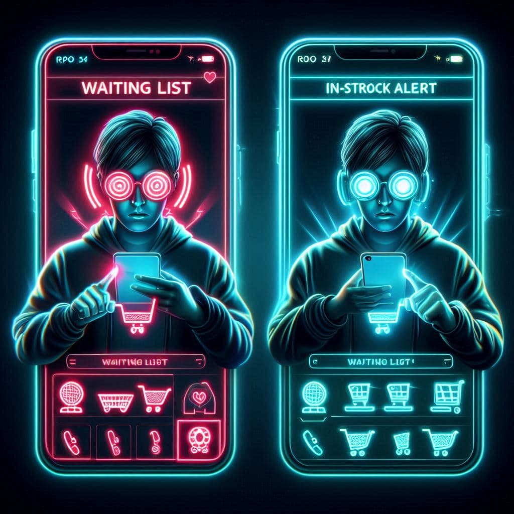 Eager young shopper anxiously monitoring stock alerts and waiting list apps in vivid neon light, symbolizing determination and anticipation in the hunt for a coveted product