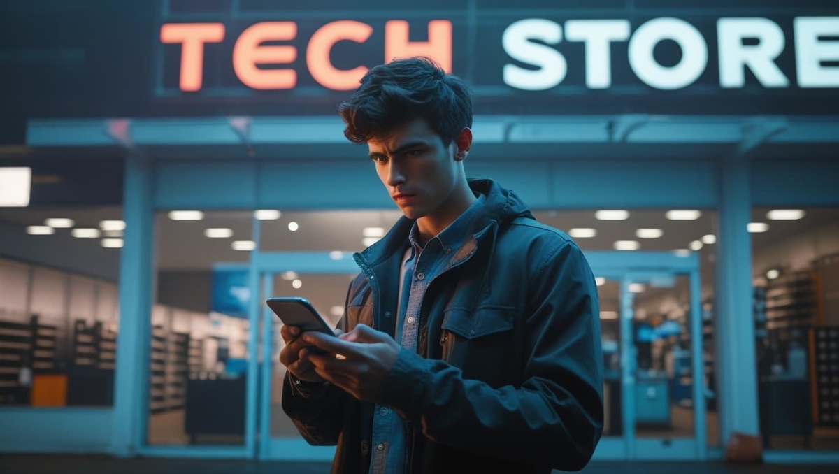 A determined young man intensely checking his smartphone in front of a tech store at dawn, ready to act with purpose and strategy. The air is filled with tension and focus, symbolizing the thrill of securing a rare in-store drop. A moment of high-stakes anticipation.