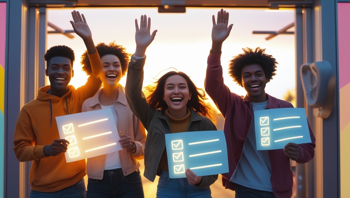 A joyful group of diverse young adults holding glowing checklists, celebrating success and readiness with radiant smiles at sunset.