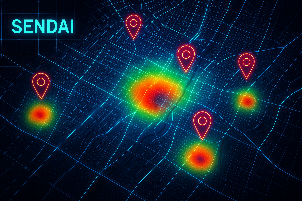 Dynamic heatmap of Sendai pulsing with vibrant energy, glowing with anticipation and curiosity — a futuristic digital landscape igniting local excitement.