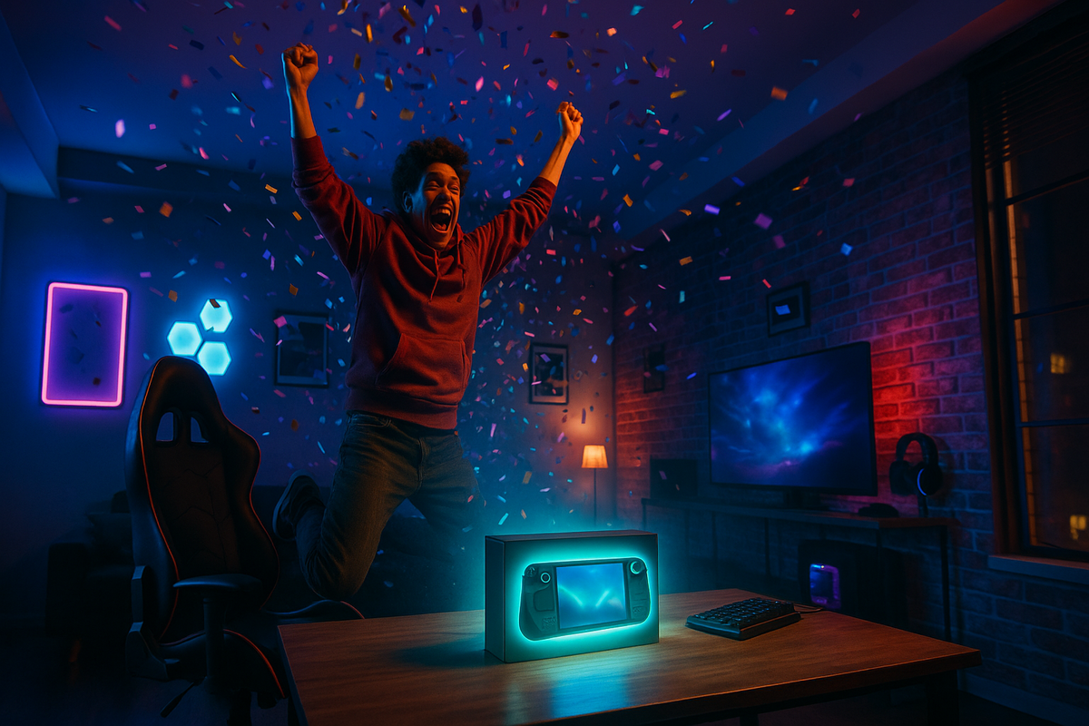 Ecstatic gamer jumping with joy as colorful confetti rains down in a neon-lit room, celebrating the long-awaited arrival of a new gaming console — pure excitement, anticipation, and victory in one unforgettable moment.