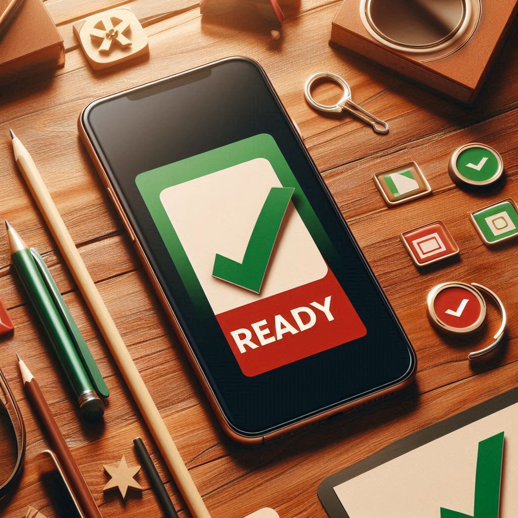 A smartphone on a warm wooden desk showing a bold green checkmark and 'READY' message — a moment of clarity, confidence, and calm before the action begins.