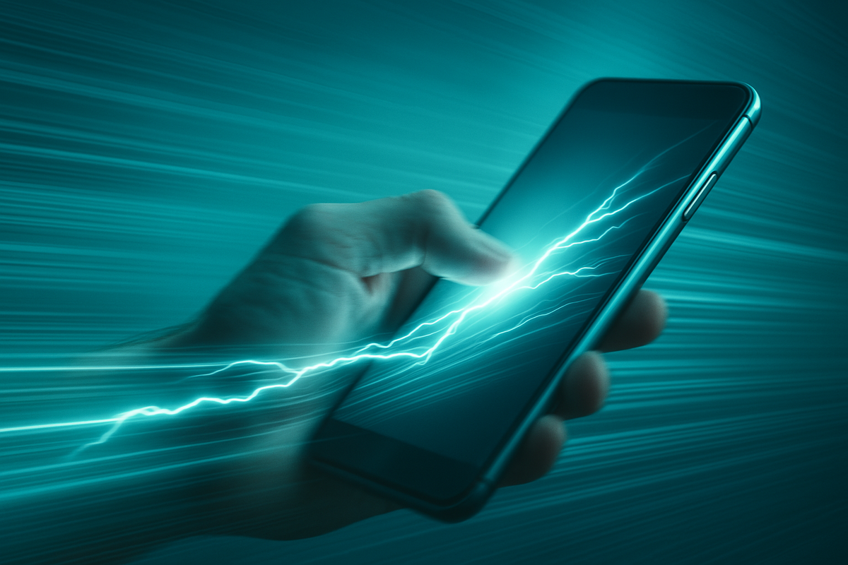 A hand gripping a smartphone as electric lightning bursts across the screen — capturing the raw intensity, split-second decision, and unstoppable surge of anticipation before the ultimate moment.