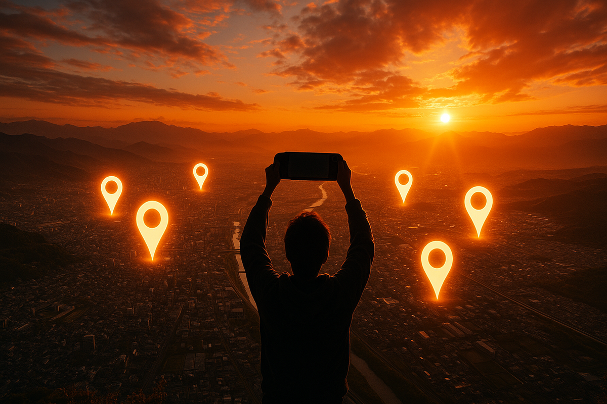 A passionate gamer holds up a console against the glowing sunset sky over Nagano, with radiant location markers highlighting secret hopeful hotspots—anticipation and discovery fill the air.