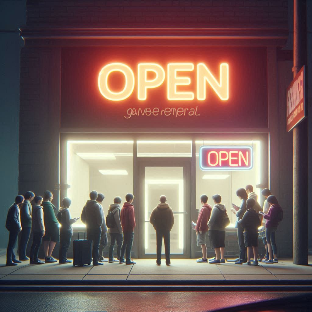 The golden moment before the rush – hopeful gamers lining up at sunrise, hearts full of anticipation.