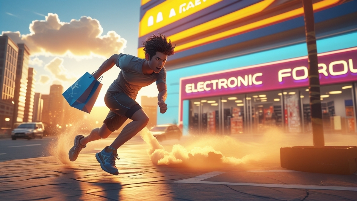A determined young man sprints out of an electronic store with a shopping bag in hand, bathed in golden sunset light—capturing the thrill of a long-awaited in-store gaming purchase.