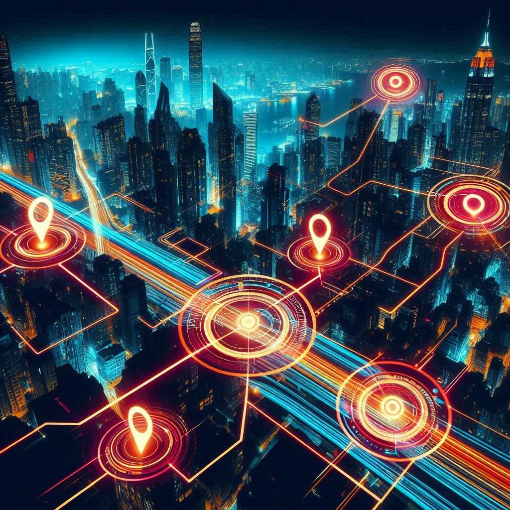 High-intensity Tokyo skyline map with glowing red location icons highlighting urgent PS5 stock zones — a visual rush of urgency, discovery, and hidden chances.