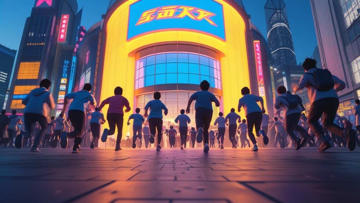 A dramatic crowd rushes into a glowing Tokyo electronics store at dawn, driven by the thrill of scarcity and the urgent hope to secure a PS5 — the energy of the moment is electric, unstoppable