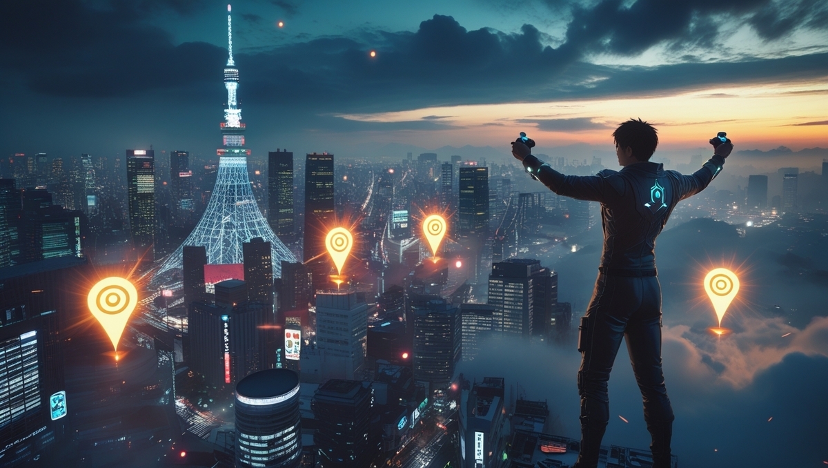A triumphant gamer stands atop Tokyo’s skyline at dawn, holding PS5 controllers as glowing location pins mark hidden treasure spots. A breathtaking fusion of hope, discovery, and victory — your quest begins here.