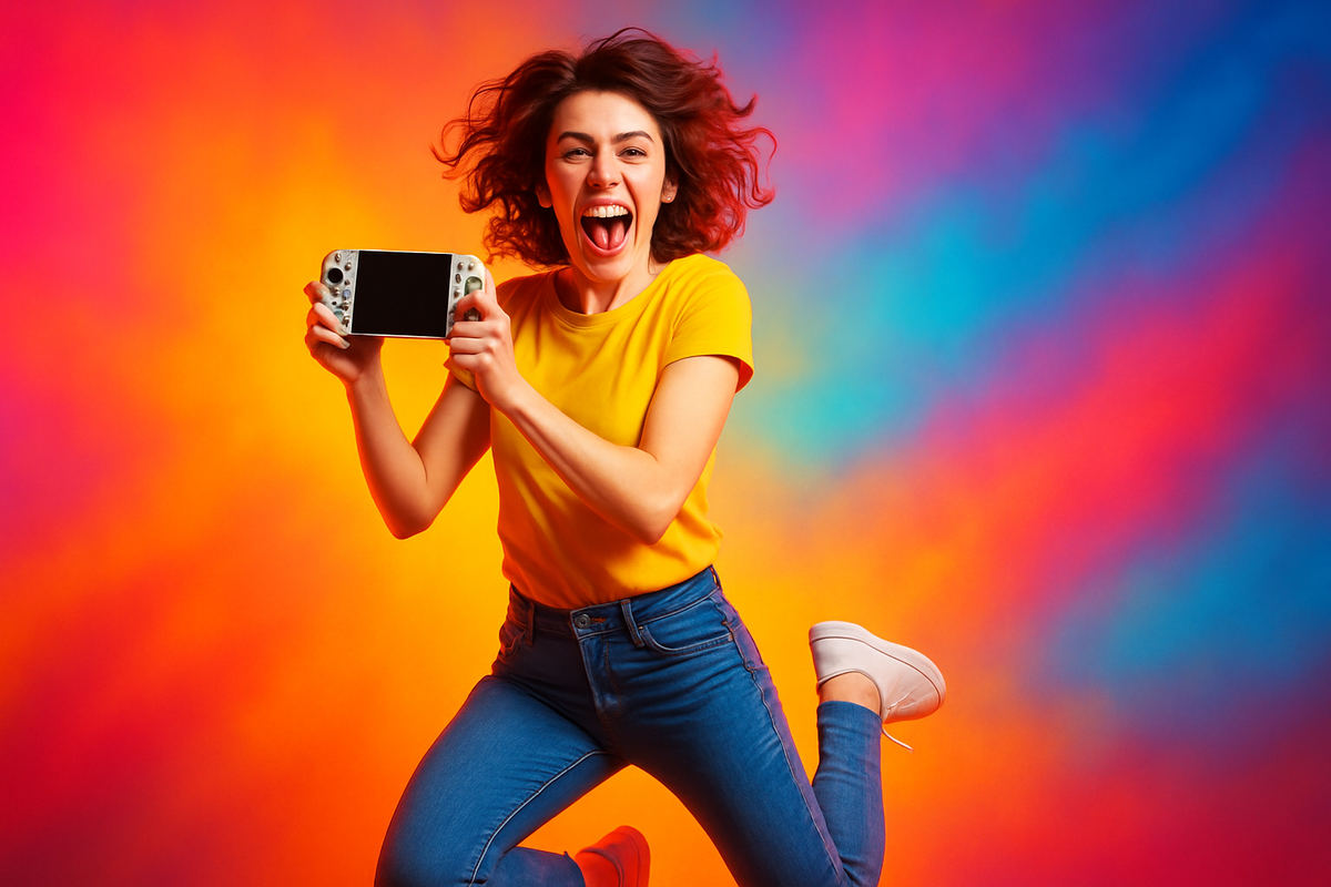 Ecstatic gamer leaping mid-air, clutching the new Switch 2 against a vibrant rainbow backdrop, radiating pure joy.