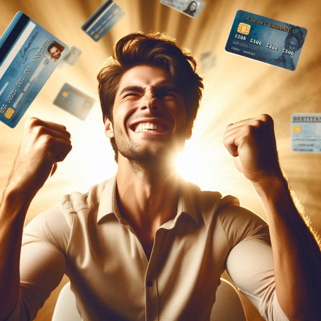 riumphant man celebrates with fists raised, glowing in golden light, surrounded by credit cards — the thrill of success and readiness radiates.
