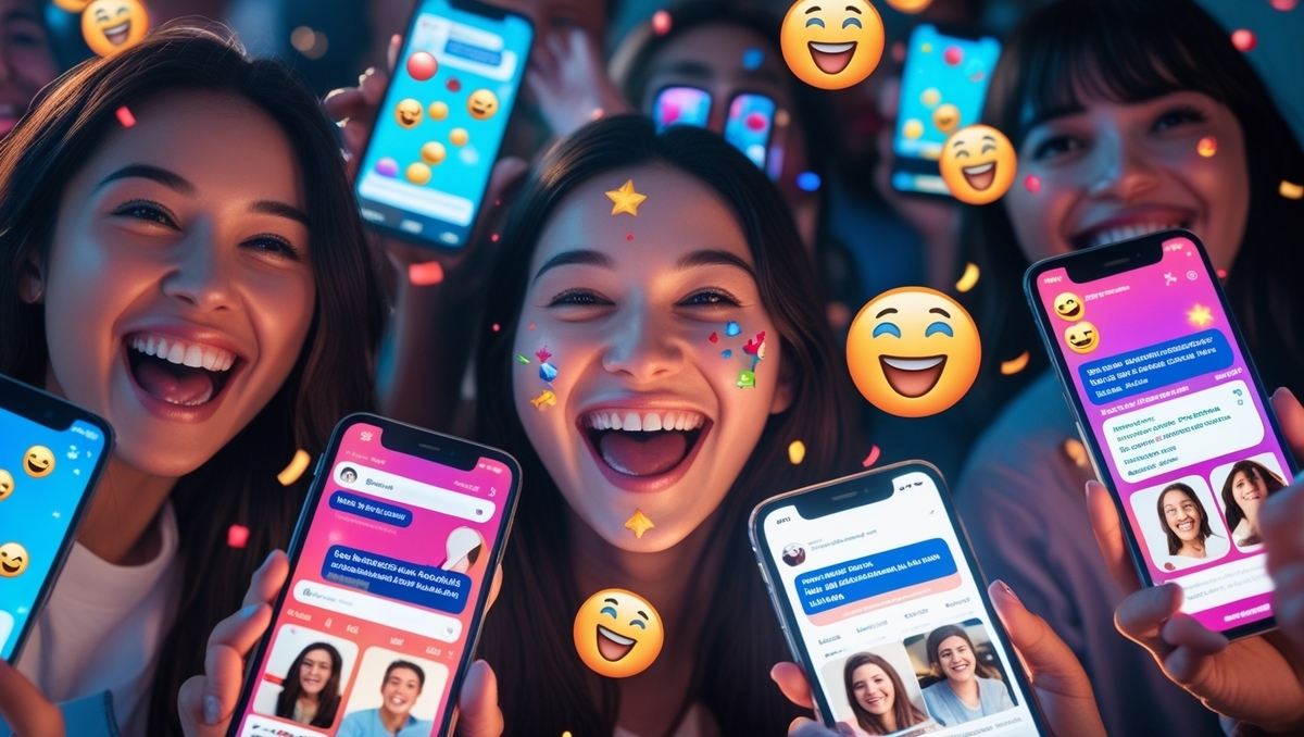 Joyful users sharing their excitement on social media, laughing and smiling while holding up smartphones full of emoji reactions and celebratory posts.