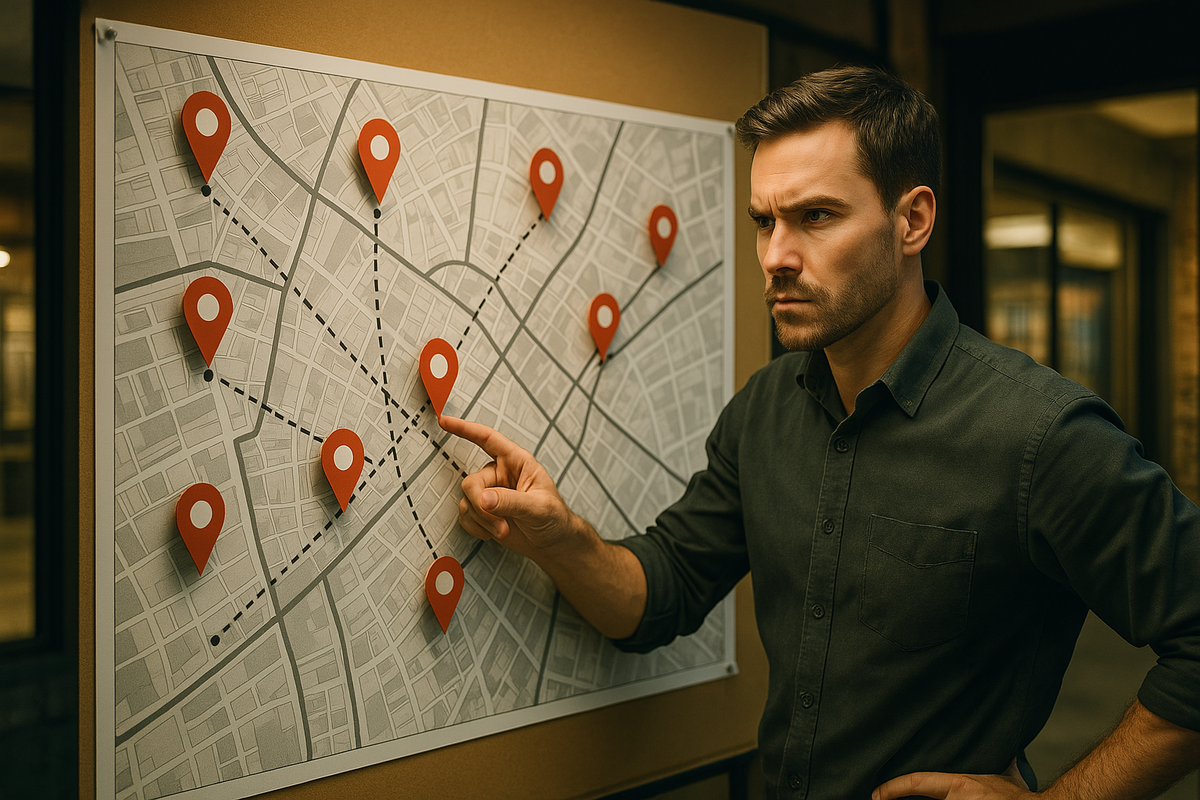 Focused man planning a strategic store-hopping route on a detailed map, determined to outsmart the competition and secure his Switch 2 before it's gone