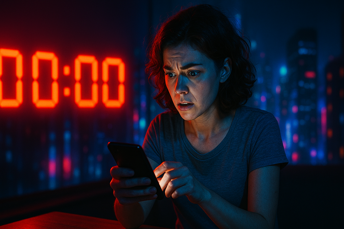 Anxious woman staring at phone under midnight countdown, her face tense with anticipation and urgency, glowing red digital clock behind her creating a dramatic, high-stakes atmosphere