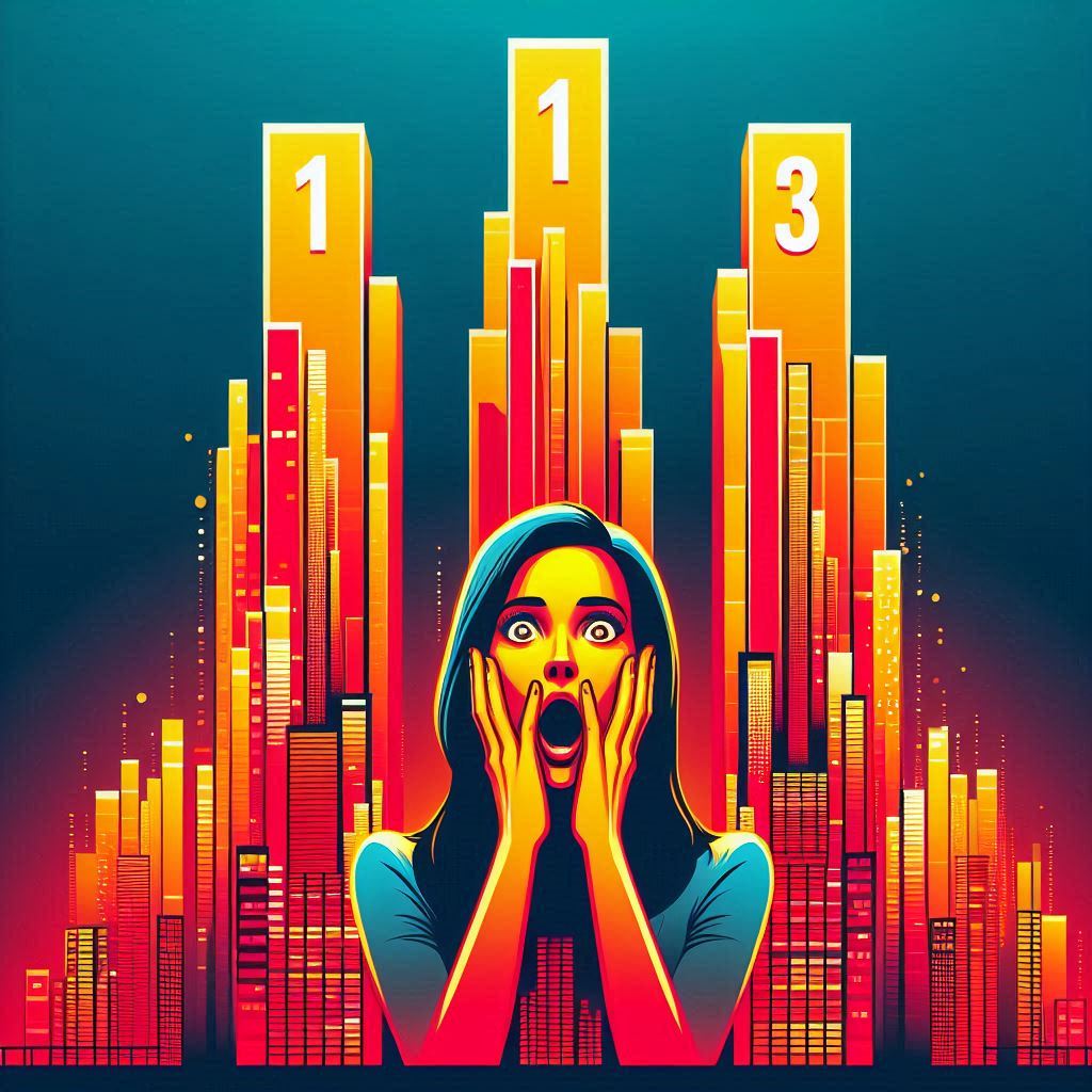 Shocked woman reacting dramatically to unexpected ranking results, with giant glowing bars labeled 1 and 3 rising in the background — tension, surprise, and viral energy collide.