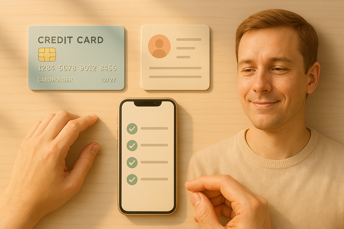Confident shopper smiling as he taps a phone checklist, credit card and ID neatly arranged beside him—radiating calm readiness and control before the big lottery.