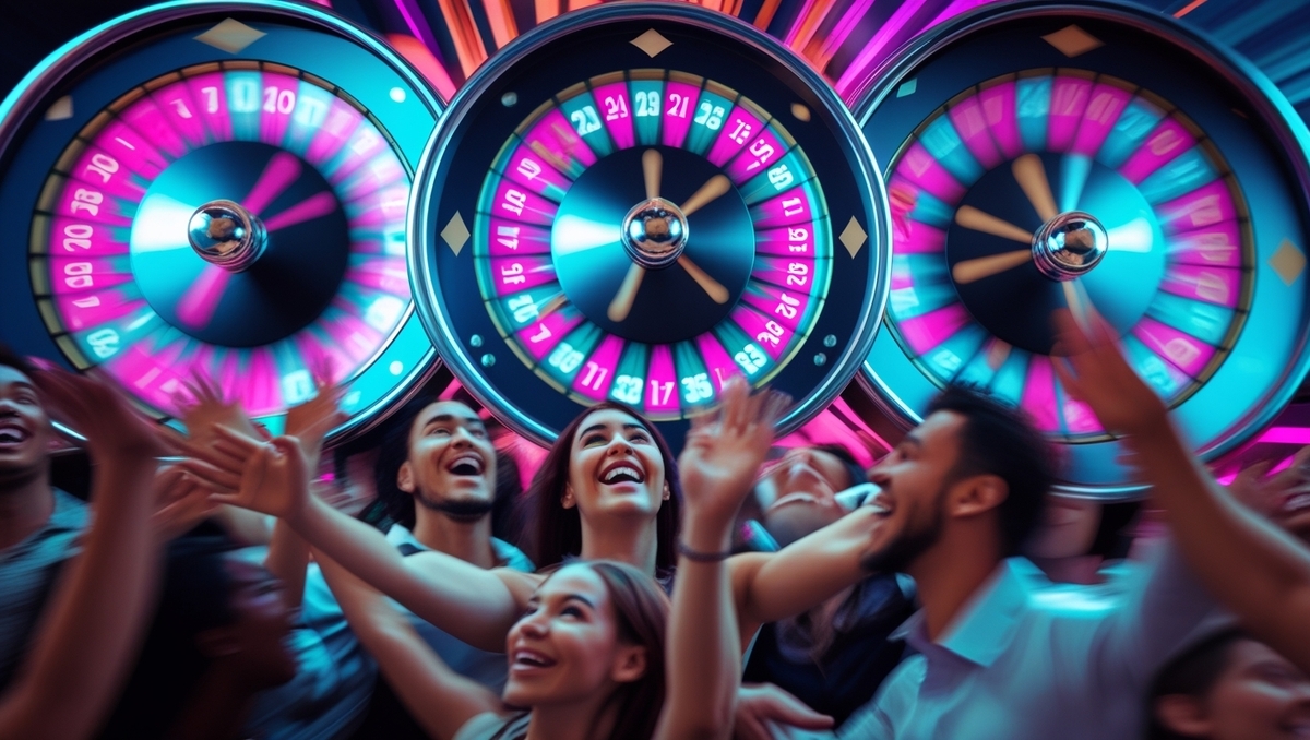 A wave of electrified joy erupts as the roulette wheels spin—fingers crossed, hearts racing, dreams just one number away from becoming real.
