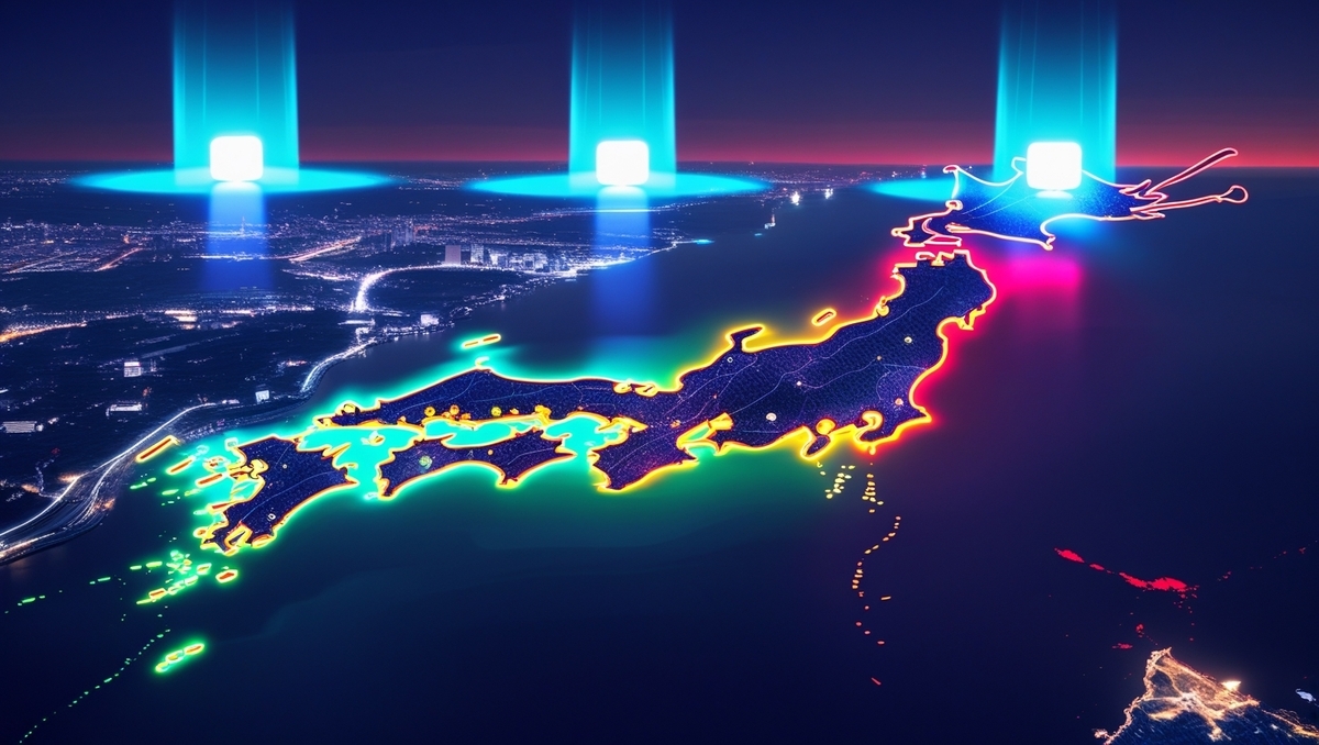 Japan glowing like a heartbeat—heatmap of hope and scarcity as bright beams target high-demand cities for a next-gen console hunt.