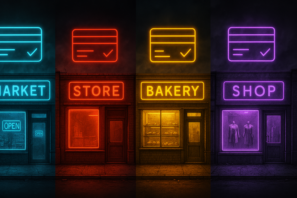 Vibrant storefronts glow in neon—each shop silently shouting its own strict rules, as anxious shoppers chase their only chance.