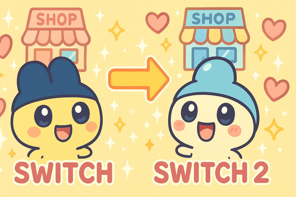 Cute side-by-side comparison of Tamagotchi characters evolving from Switch to Switch 2 edition — sparkling backgrounds, joyful faces, and heartwarming shop upgrade moment. Perfectly captures the emotional upgrade experience in a playful and nostalgic way