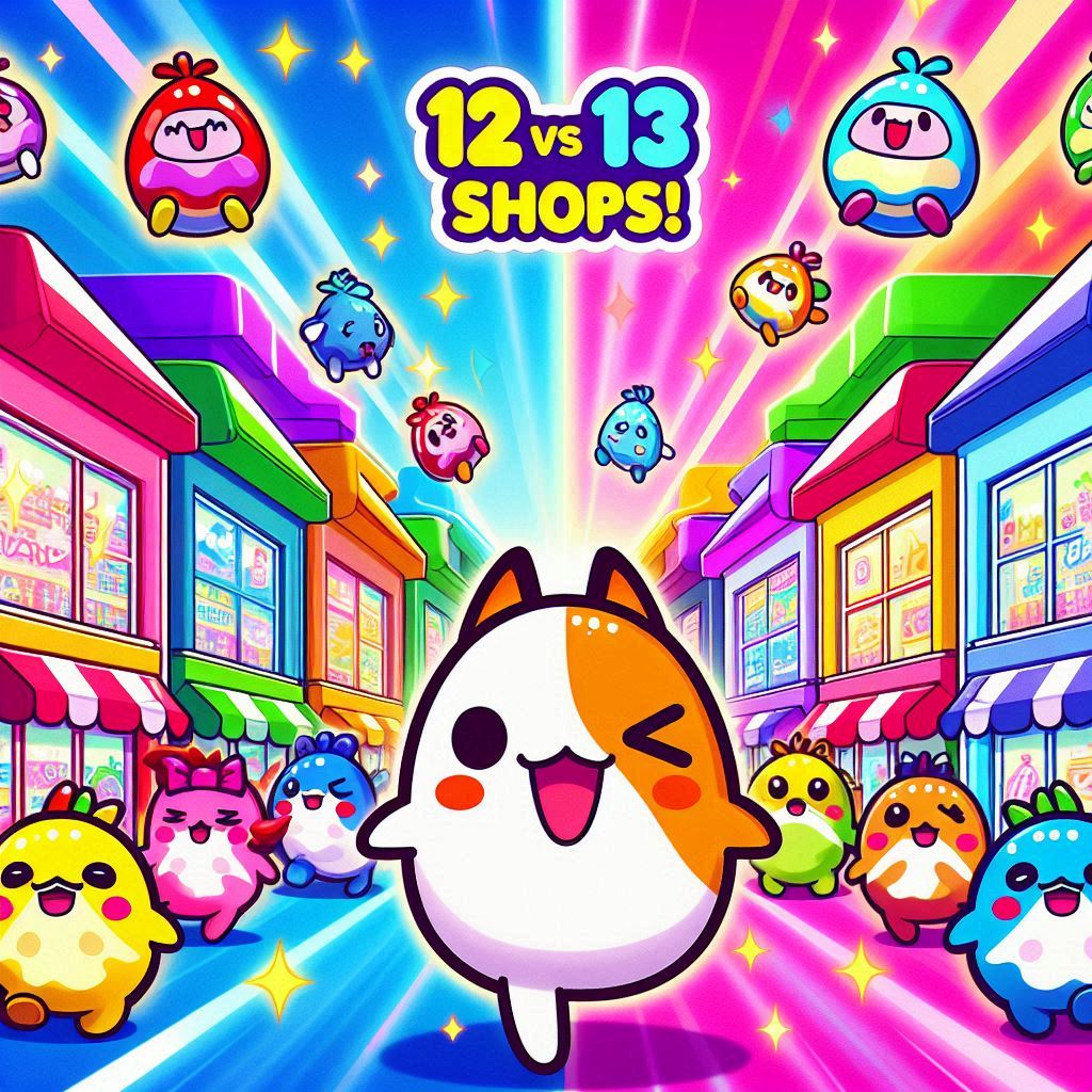 Cheerful Tamagotchi characters in a colorful shop street showdown – 12 vs 13 shops! ✨ Bright colors, joyful vibes, and a magical upgrade journey await!