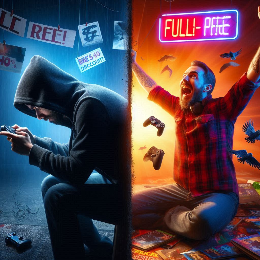 From gloomy regret to euphoric triumph — a gamer throws his arms up in pure joy as discount dreams come true, bursting with victory, hope, and FOMO-fueled bliss.