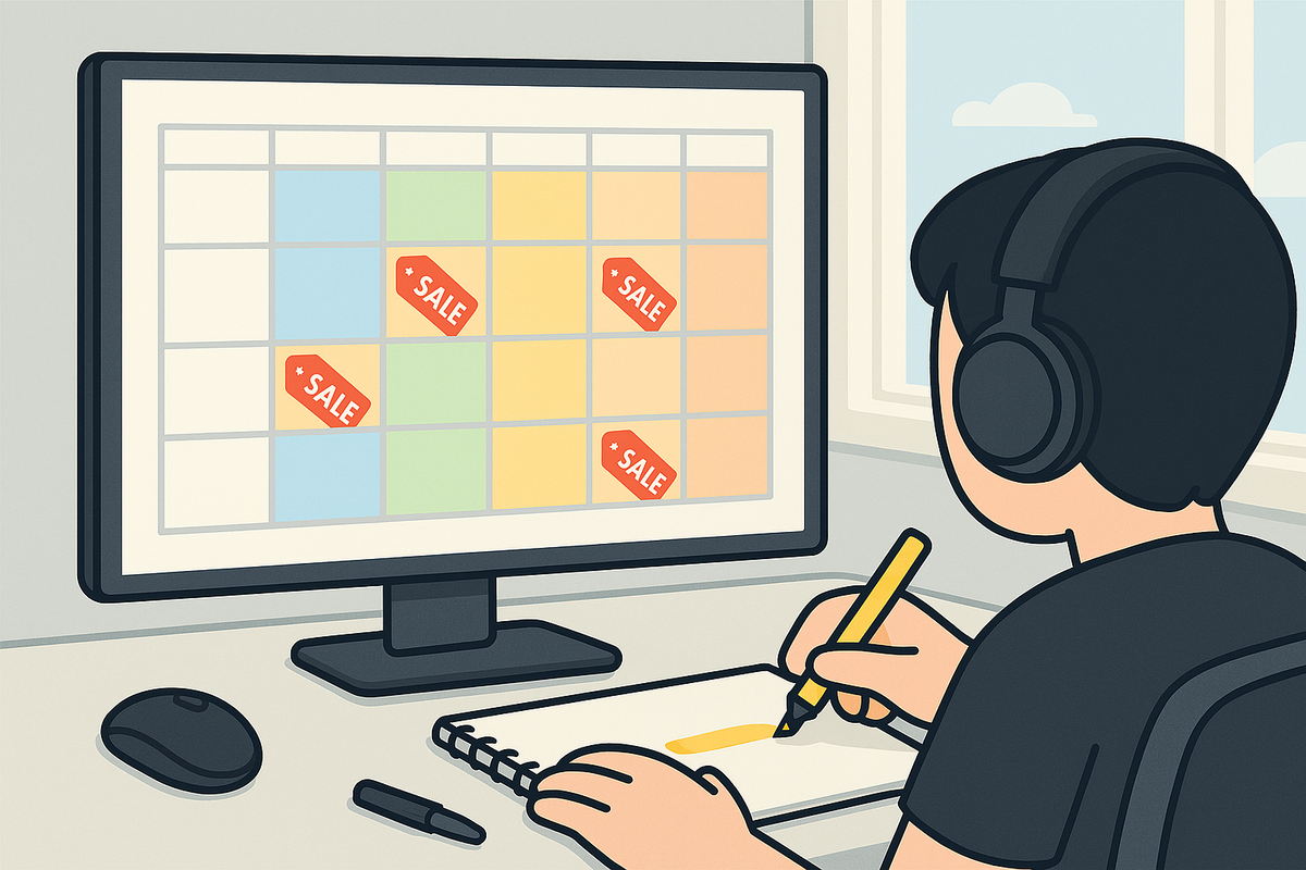 A thrilled gamer leans into a glowing monitor, plotting the perfect buy as bold red SALE tags light up a colorful calendar – sparking joyful anticipation and FOMO-charged energy for upcoming Switch deals.
