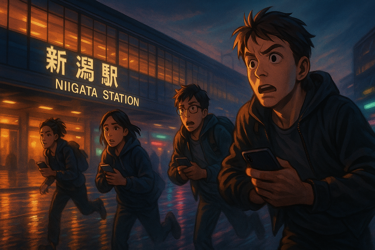 Breathless rush at dawn outside Niigata Station—anxious gamers clutch smartphones, neon reflections on rain-slick streets radiating urgency, hope and electrifying anticipation for the elusive Switch 2.”