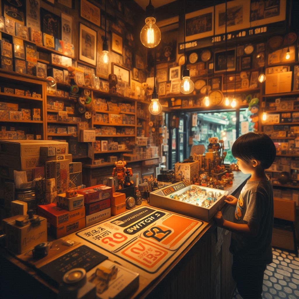 A child's face glows with wonder in a nostalgic toy shop, clutching a Switch 2 in a moment suspended between vintage charm and futuristic thrill—soft lights, warm wood, and a heart full of dreams.