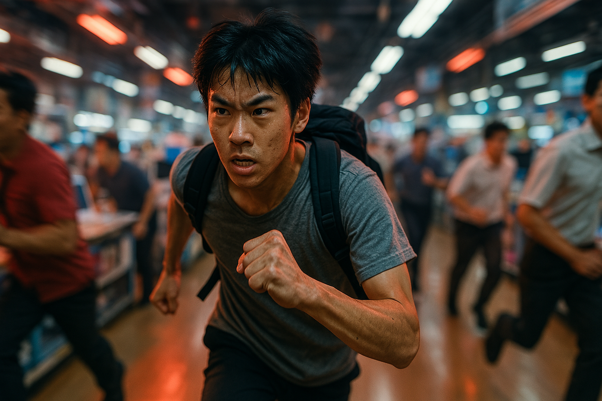 Desperate man frantically rushing through crowded electronics store with intense determination and sweat-drenched face - heart-pounding race against time during Nintendo Switch 2 guerrilla sale chaos at Yodobashi Camera