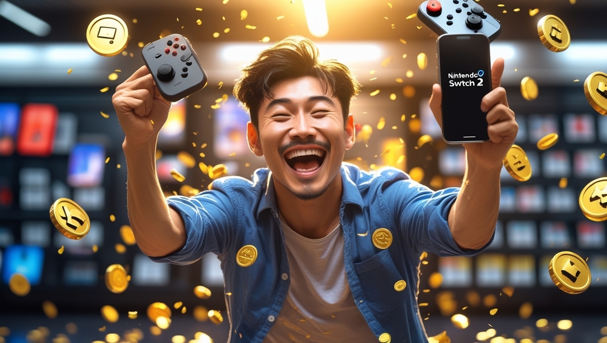 A delighted man triumphantly holds up a Nintendo Switch 2 and its Joy-Con after winning the lottery. Surrounded by golden coins and glowing lights, he radiates pure excitement, luck, and joy.