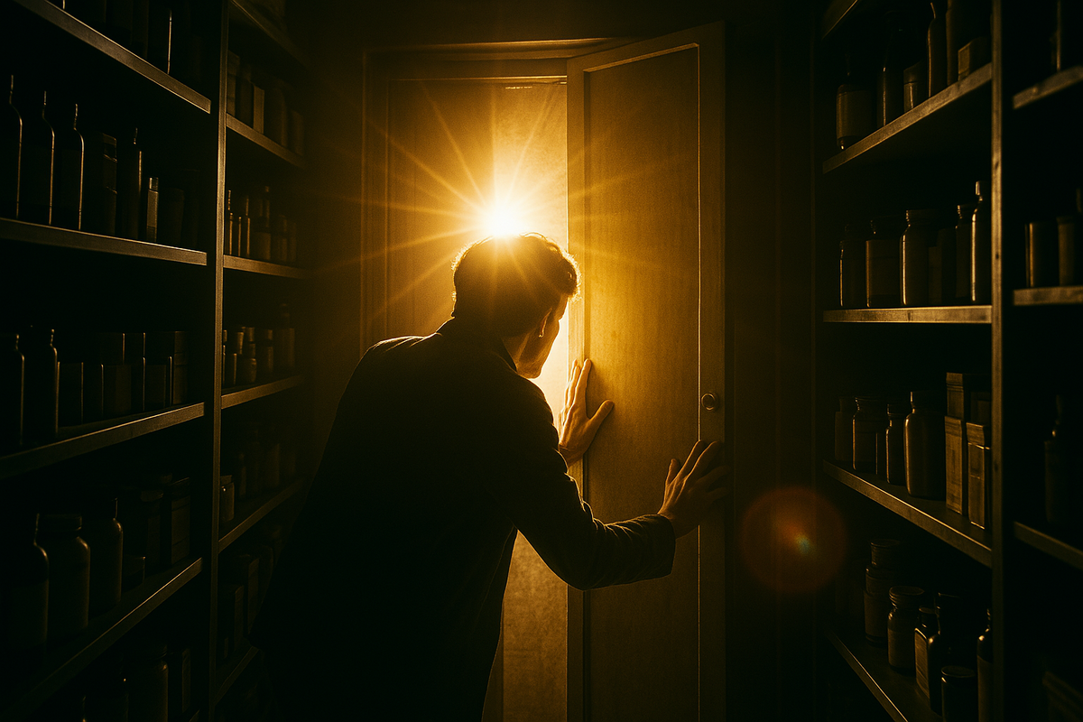 A man cautiously opens a mysterious door glowing with golden light, symbolizing hope, breakthrough, and the hidden path to unexpected success.