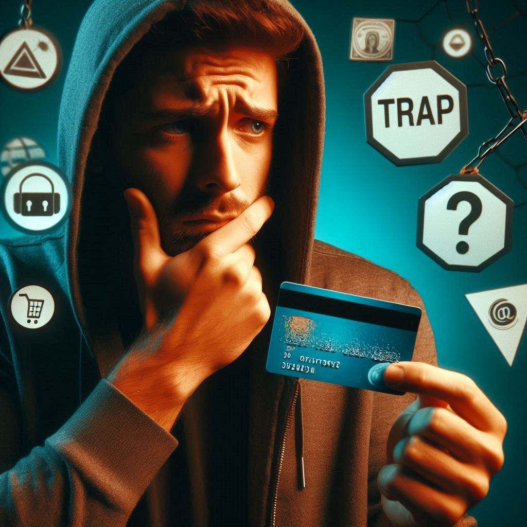A worried man in a hoodie stares at his credit card, surrounded by warning signs and question marks, symbolizing fear, doubt, and the emotional trap of hidden purchase risks.