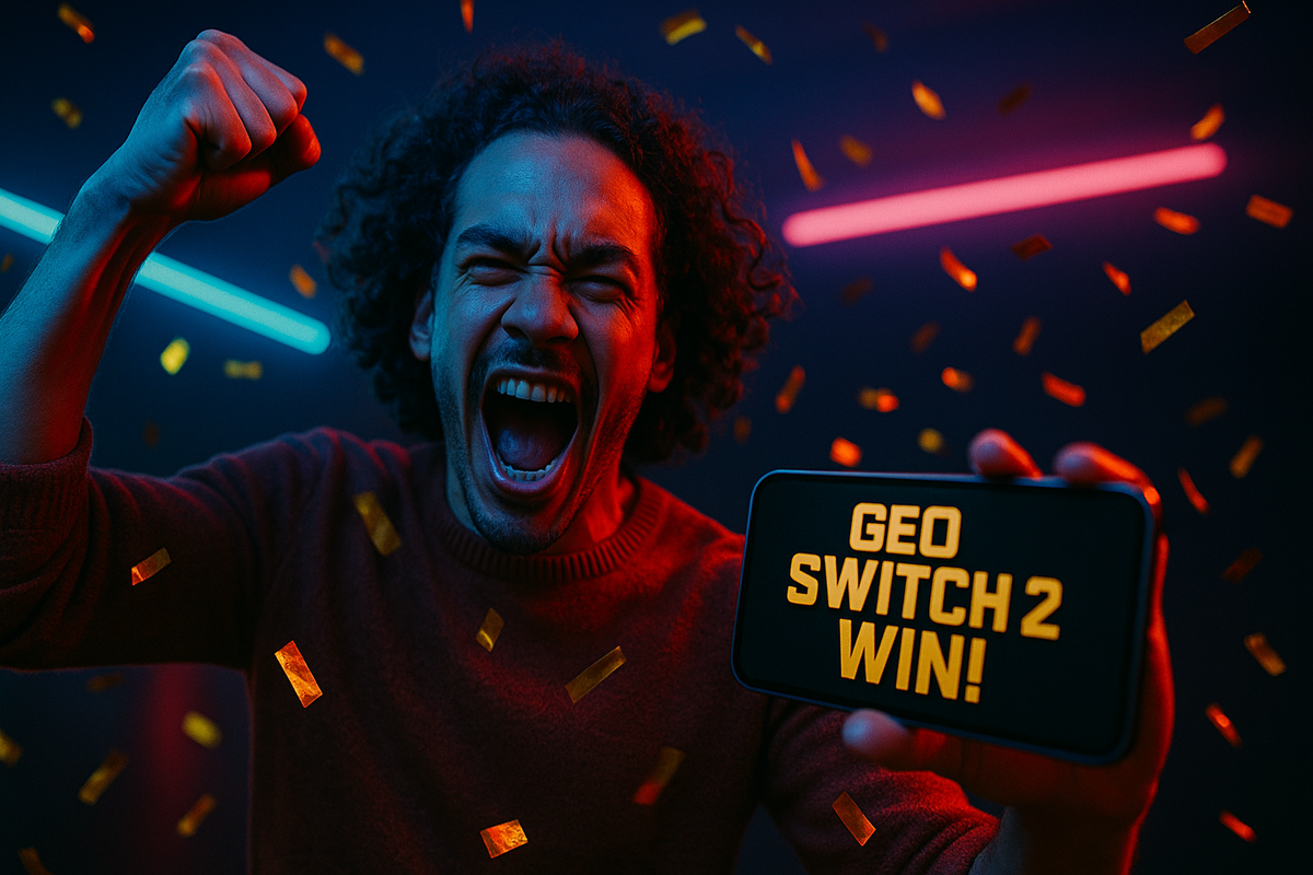 Electrifying triumph—an ecstatic gamer roars with joy, fist raised, as golden confetti rains and his phone flashes “GEO SWITCH 2 WIN!”, radiating pure exhilaration and victorious euphoria.