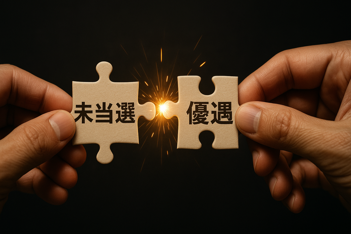 Two hands connecting puzzle pieces with the words ‘Not Selected’ and ‘Priority’, symbolizing hope and hidden advantage after rejection — sparks fly as the pieces finally click.