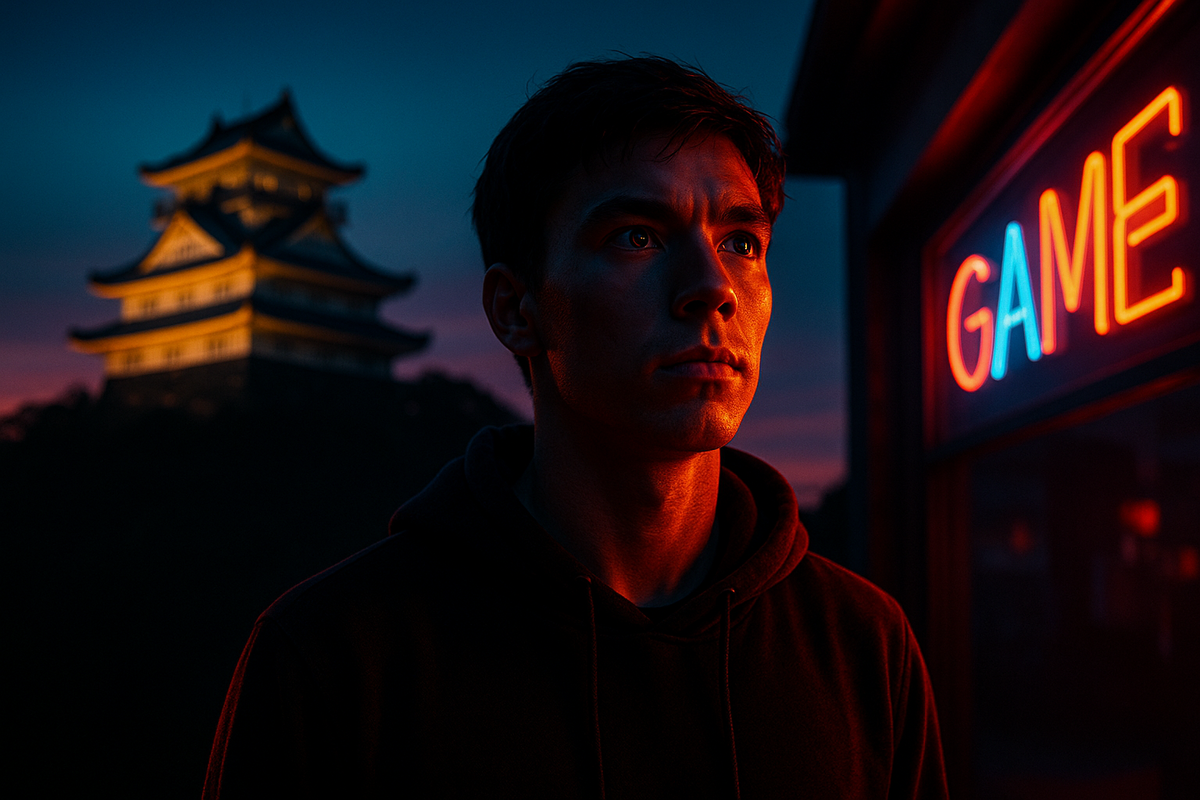 Determined gamer bathed in neon light stares into the twilight near Gifu Castle, fueled by hope and urgency in the quest to secure a Switch2 before it's too late.